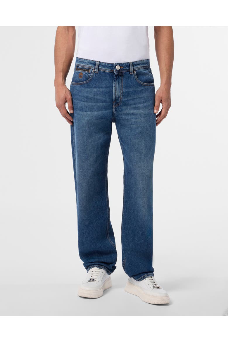 Relaxed Fit Jeans Leather Details Men, Main, color, middleblue