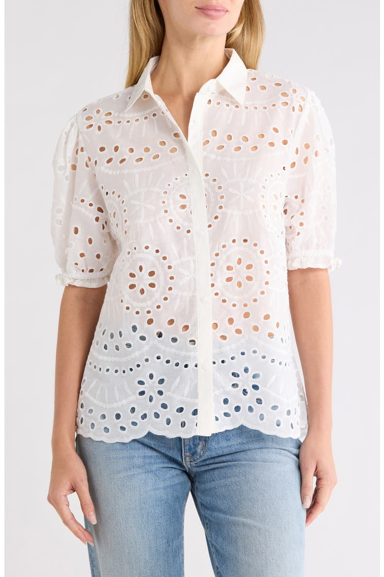 Short Sleeve Eyelet Button Front Shirt, Main, color, WHITE