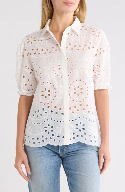 Short Sleeve Eyelet Button Front Shirt