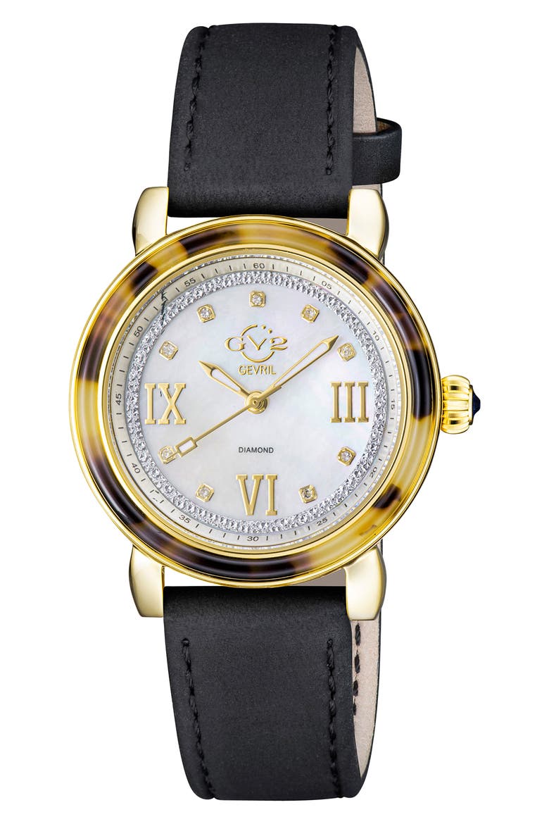 Marsala Tortoise Pattern Mother of Pearl Dial Suede Strap Watch, 36mm - 0.045 ctw., Main, color, BLACK