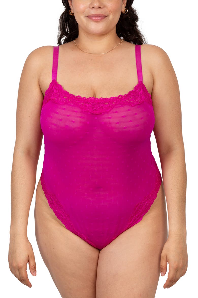 Sheer Whisper Lace Thong Teddy, Main, color, GLAMBERRY