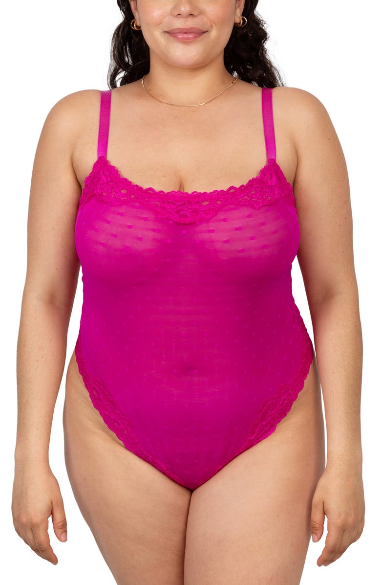 Curvy Couture Sheer Whisper Lace Thong Teddy, Main, color, Glamberry