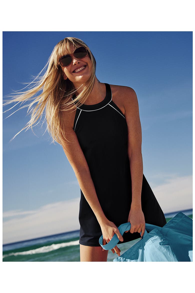 High Neck Swim Dress Swimsuit, Alternate, color, Black/White