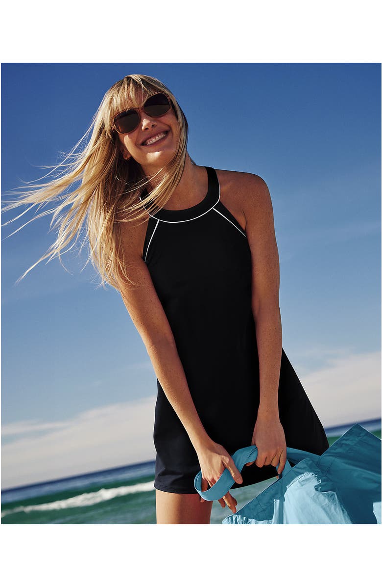 Lands' End Plus Size DD-Cup Chlorine Resistant High Neck Swim Dress One Piece Swimsuit Adjustable Strap, Alternate, color, Black/White