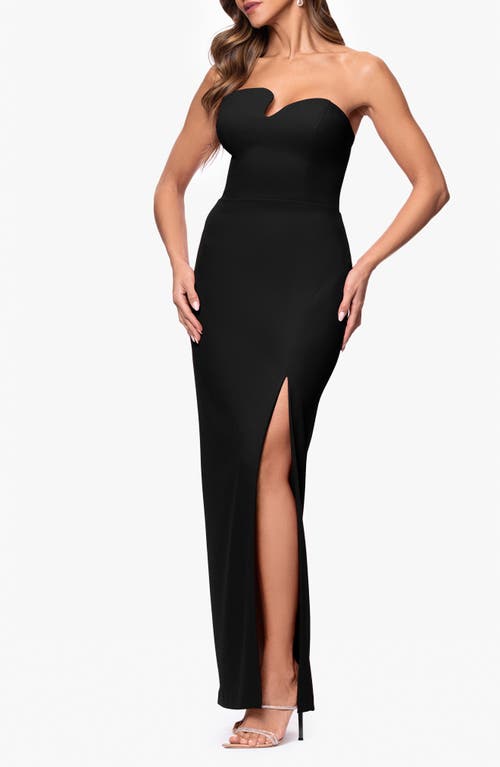 Xscape Evenings Strapless Asymmetric Evening Gown In Black