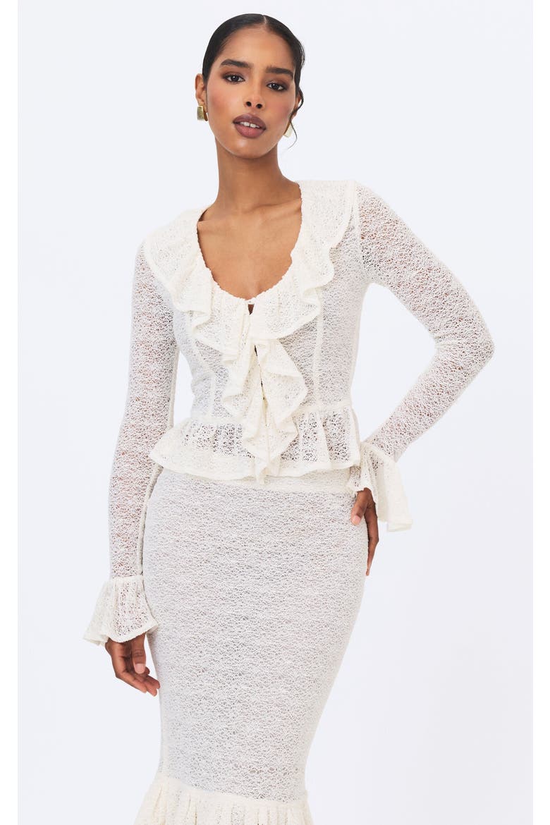 Urva Crochet Ruffle Front Button Top, Main, color, White