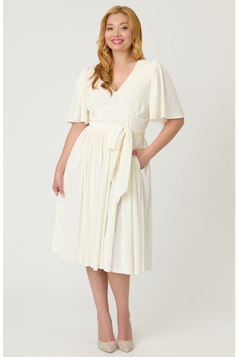 1940s Velvet Flutter Sleeve Swing Dress, Main, color, Ivory Peacock Print