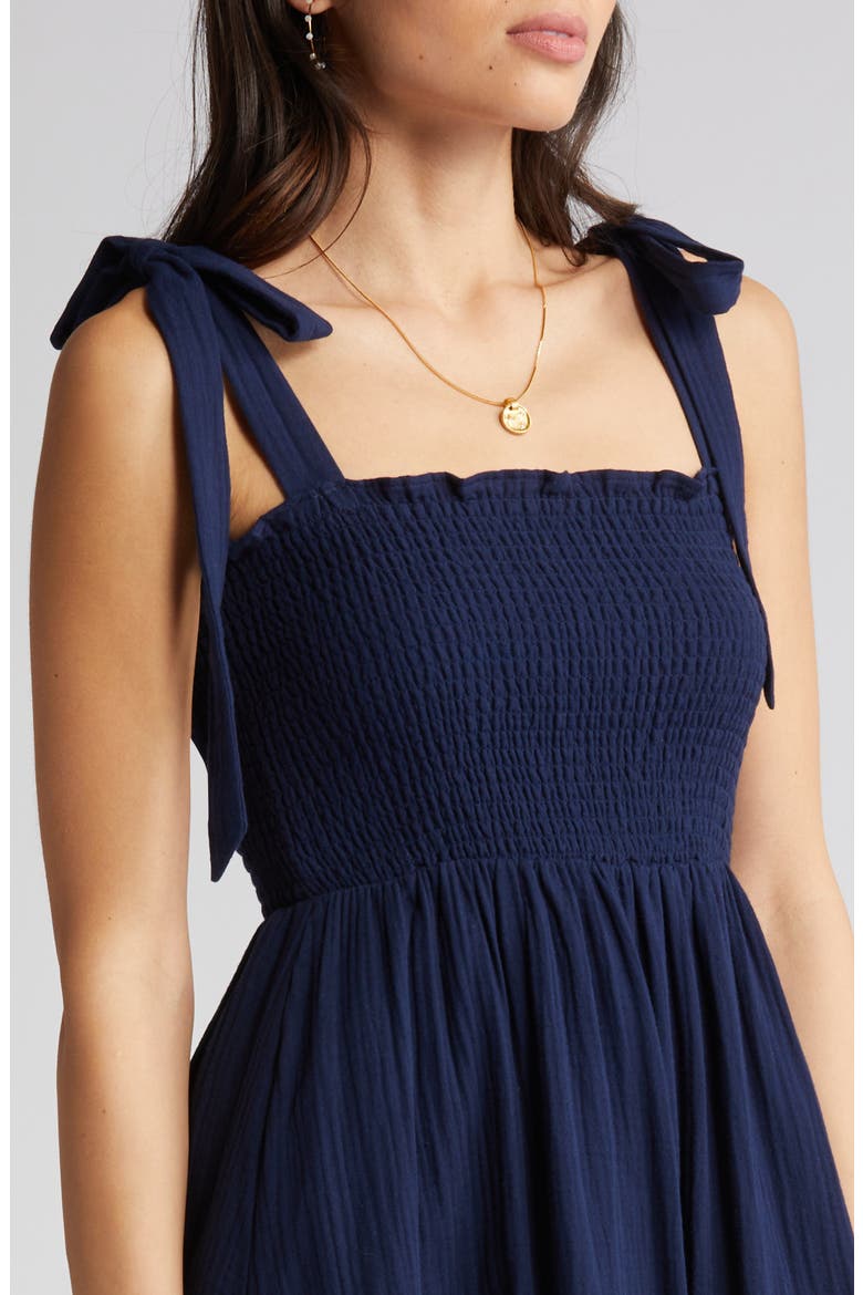 Smocked Tie Strap Cotton Gauze Midi Sundress, Alternate, color, NAVY PEACOAT