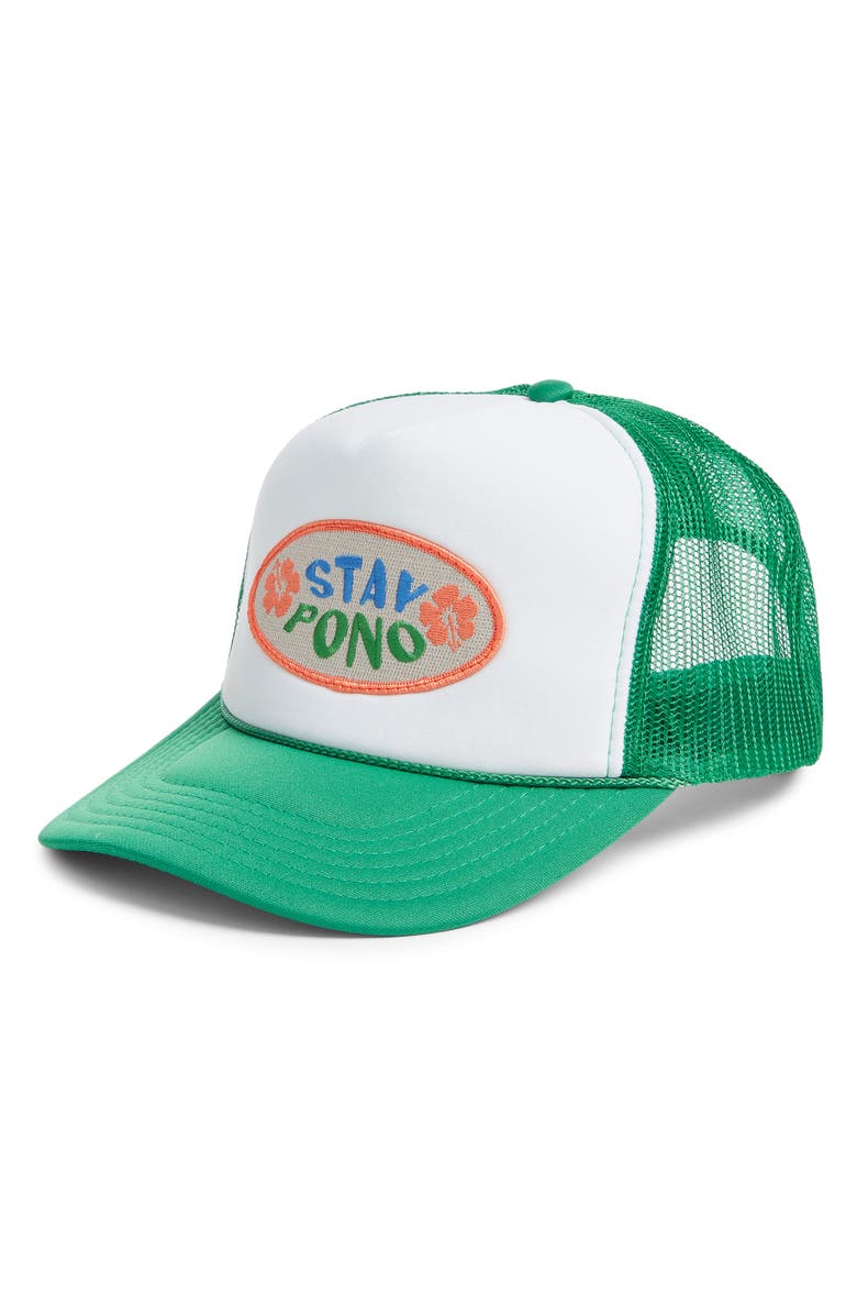 Friday Feelin’ Stay Pono Trucker Hat, Main, color, Green