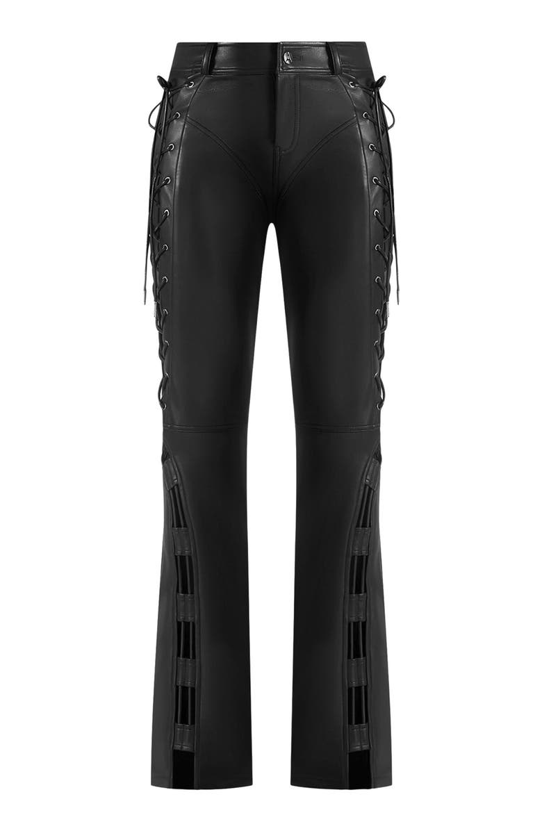 Manière De Voir Ambre Leather Lace Up Flared Trousers, Alternate, color, Black