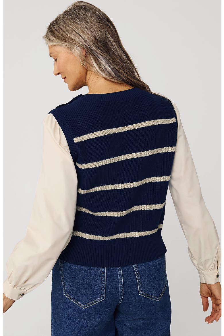 Drifter Shaker Button Shoulder Sweater Vest with Poplin Sleeves, Alternate, color, Deep Sea Navy/Champagne Stripe
