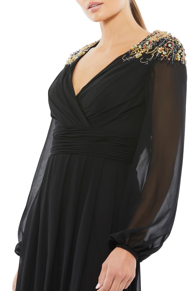 Embellished Shoulder Blouson Sleeve Evening Gown, Alternate, color, BLACK GOLD