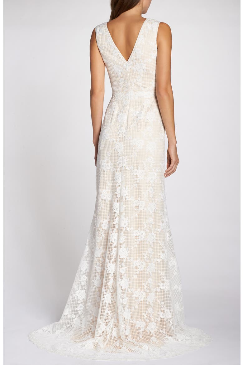 Grid & Floral Lace A-Line Wedding Dress, Alternate, color, IVORY/ PETAL