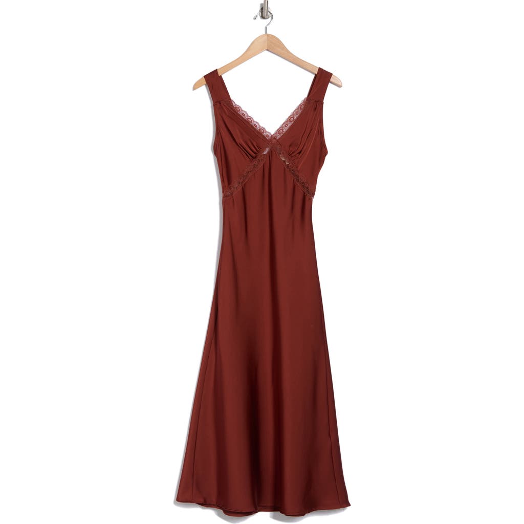 Melloday Inset Lace Empire Waist Bias Satin Maxi Dress In Mocha
