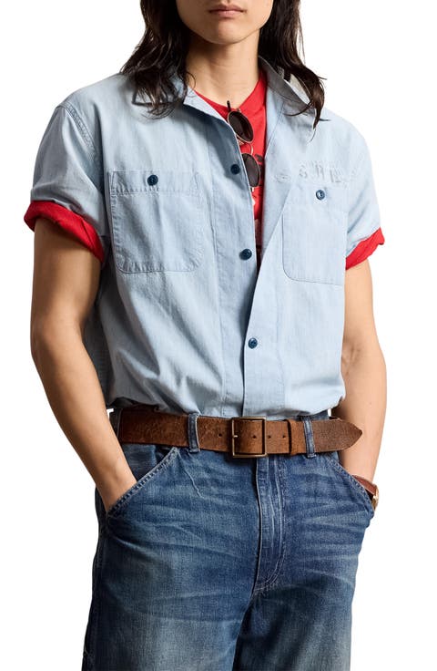 Short Sleeve Chambray Button-Up Shirt