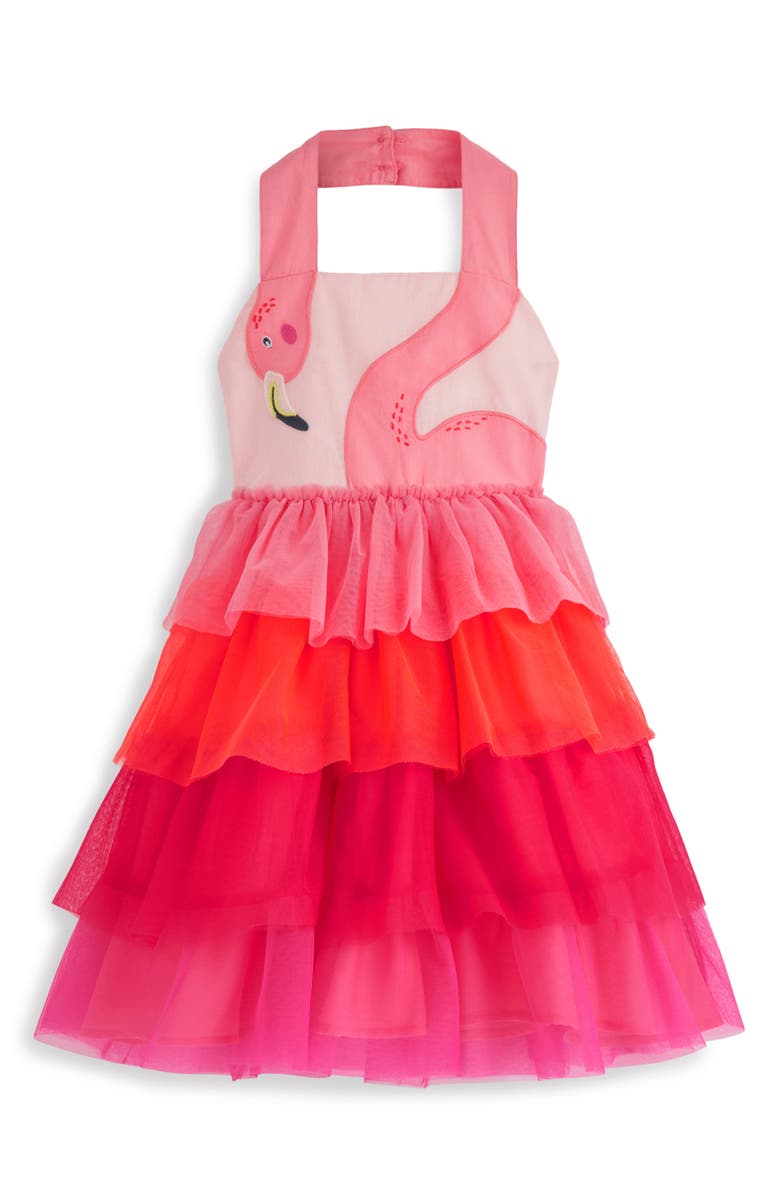 Mini Boden Kids' Flamingo Halter Neck Tiered Tulle Dress, Main, color, Salmon Pink Flamingo