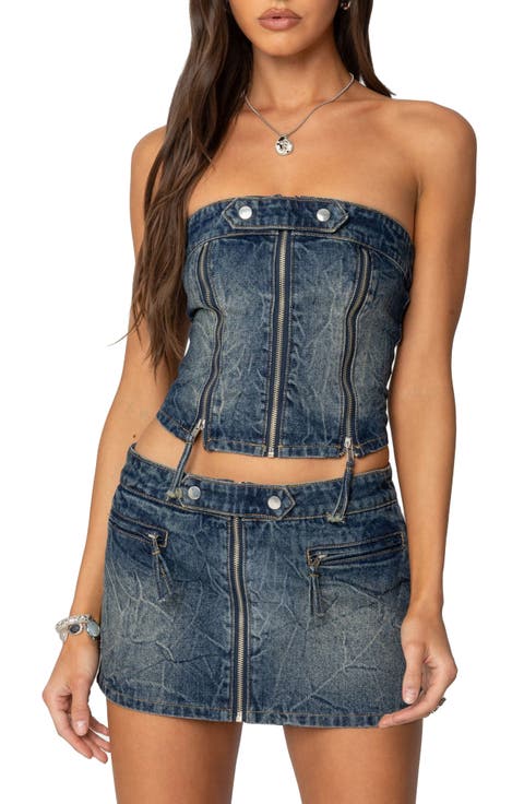 Guinevere Zip Washed Denim Corset Top