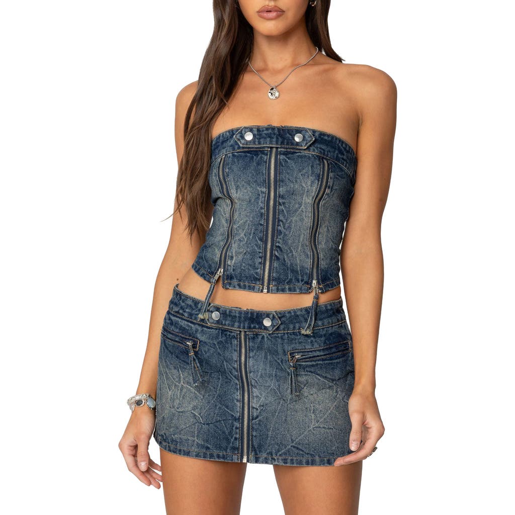 EDIKTED EDIKTED GUINEVERE ZIP WASHED DENIM CORSET TOP
