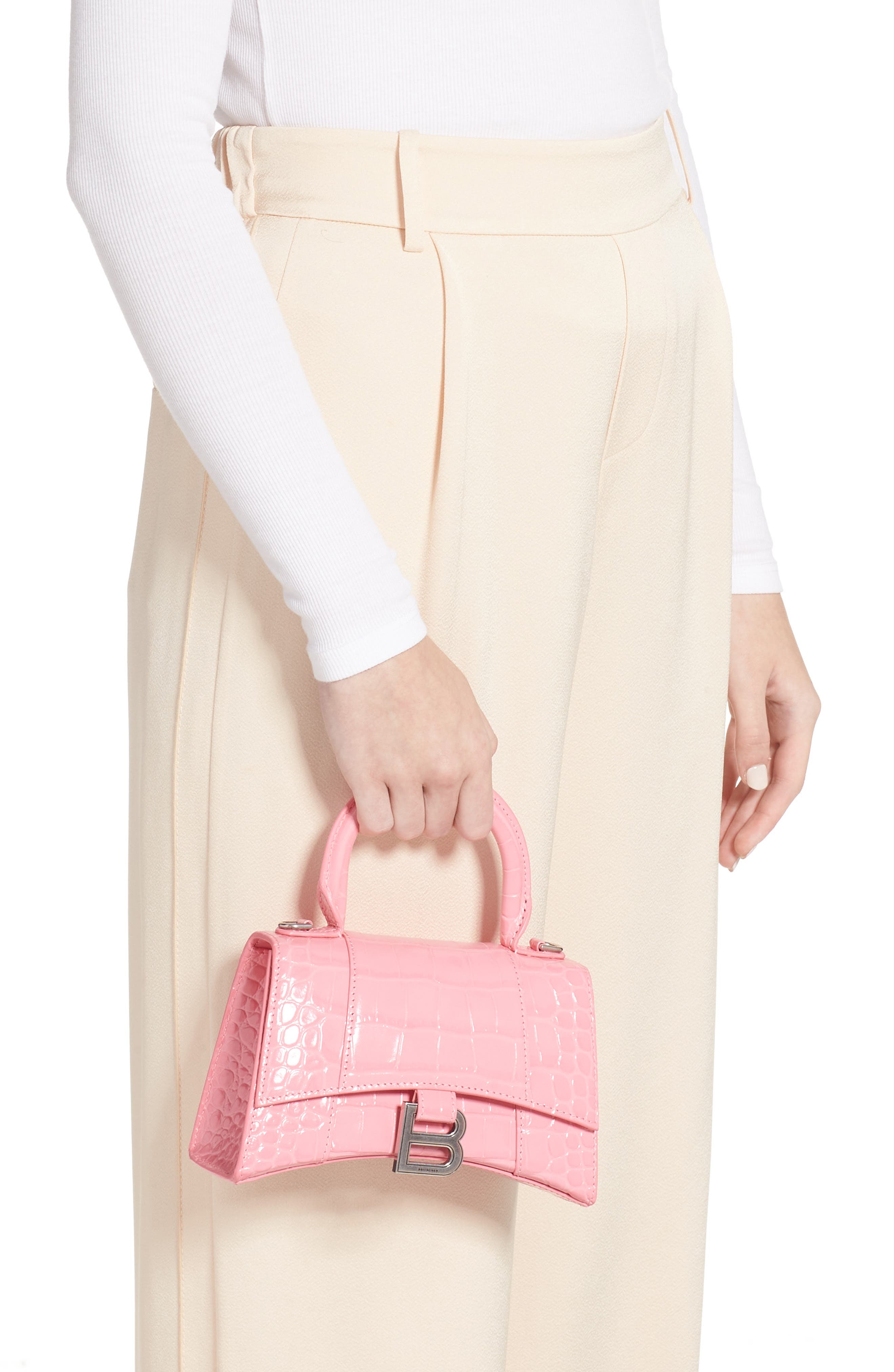 Extra Small Hourglass Croc Embossed Leather Top Handle Bag, Alternate, color, SWEET PINK
