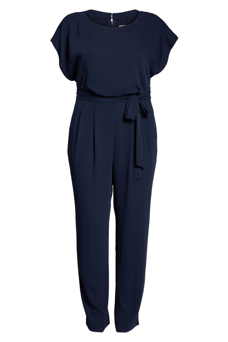 Tie Waist Crepe Wide Leg Jumpsuit, Alternate, color, NAVY
