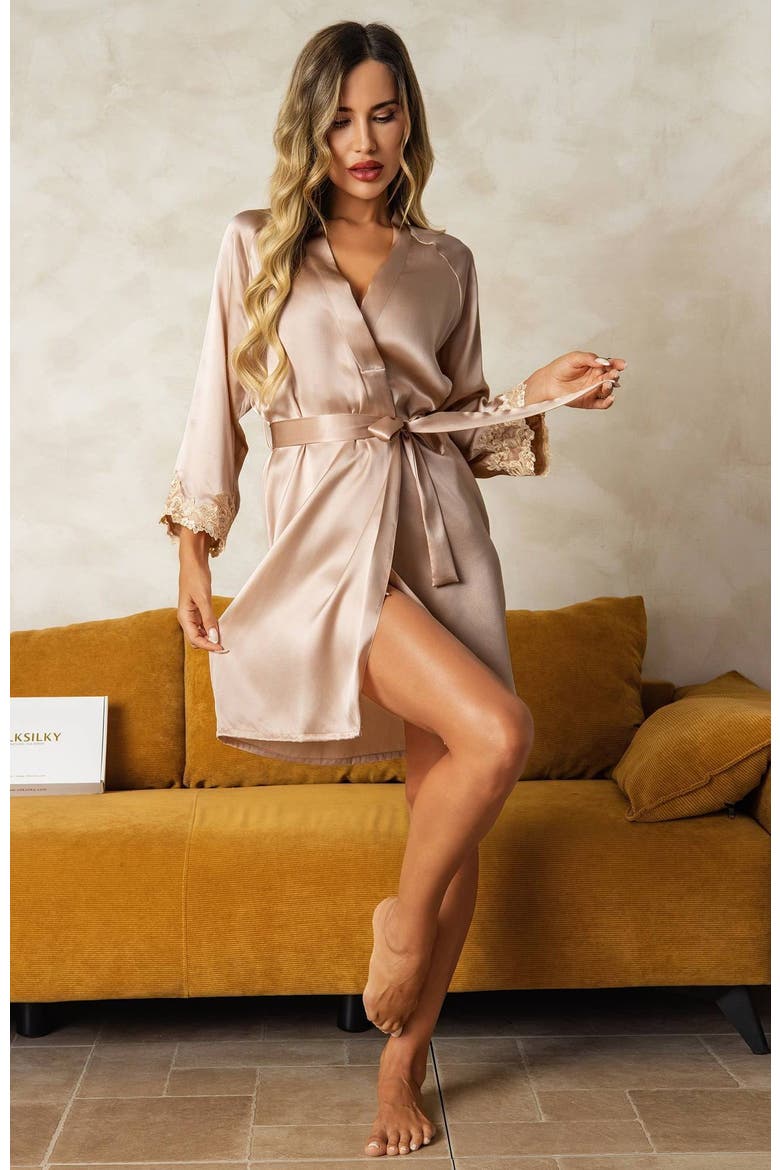 Pure Silk 3/4 Sleeves Belted Short Robe With Lace Design, Alternate, color, Pink
