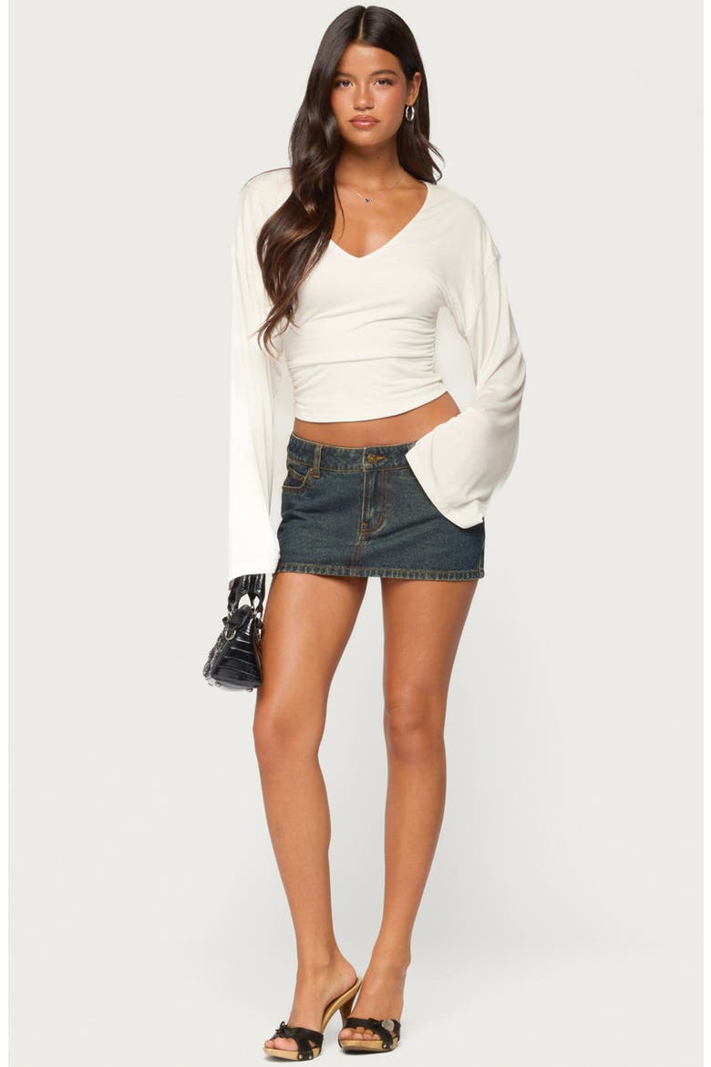 Bebe Ruched Long Sleeve V-Neck T-Shirt, Alternate, color, WHITE