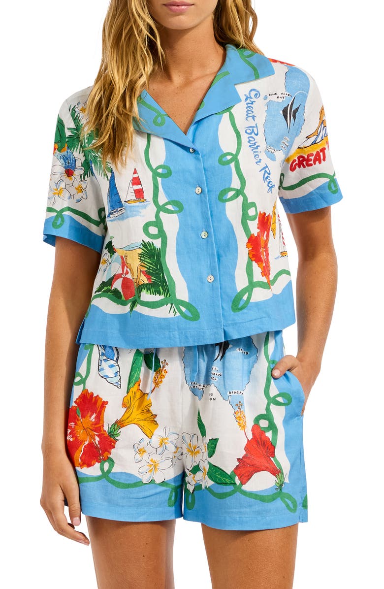 Seafolly Crop Linen Blend Button-Up Cover-Up Shirt, Main, color, Powder Blue