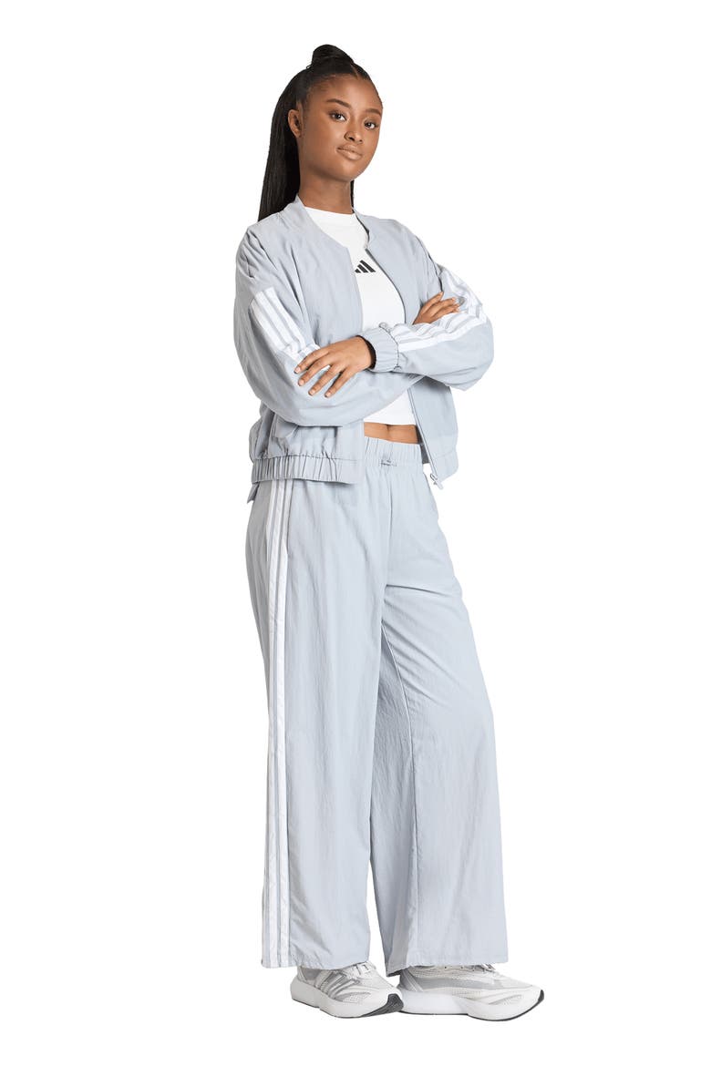 Essentials 3-Stripes Lifestyle Woven Parachute Pants, Alternate, color, HALO SILVER/ WHITE/