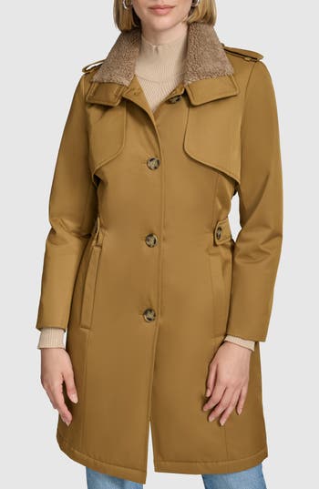 Andrew Marc Teagan Trench Coat With Faux Shearling Trim In Gold