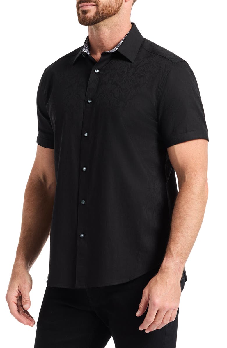 Robert Graham Highland Jacquard Short Sleeve Button-Up Shirt, Alternate, color, Black