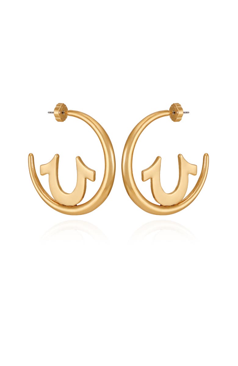 True Religion Gold Tone Horseshoe Cut-Out Hoop Earrings, Alternate, color, Gold Tone