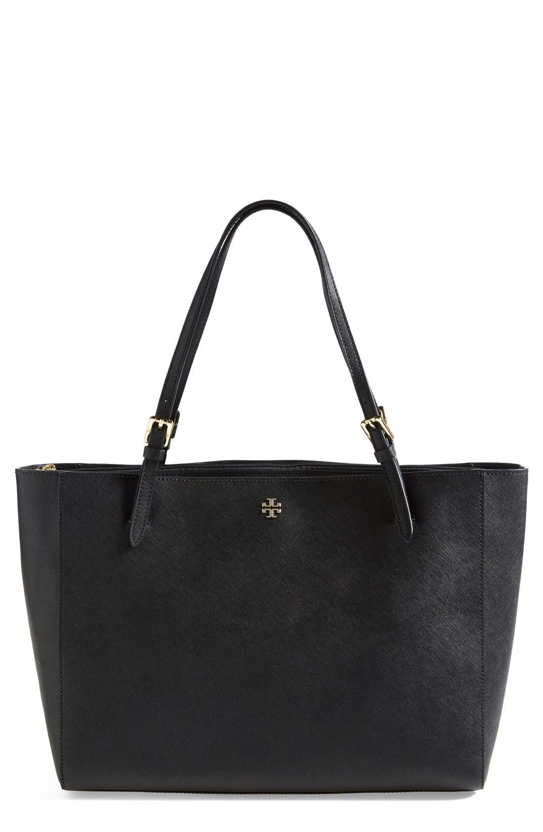 'York' Buckle Tote, Main, color, BLACK
