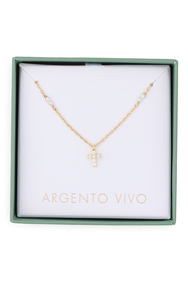Freshwater Pearl & Cubic Zirconia Cross Pendant Necklace, Main, color, GOLD
