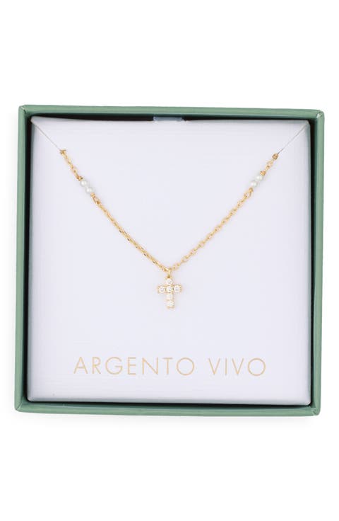Freshwater Pearl & Cubic Zirconia Cross Pendant Necklace