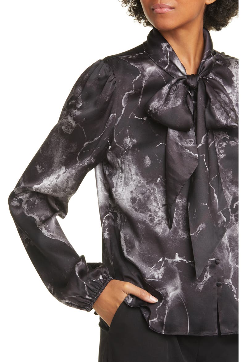 The Ellery Tie Neck Silk Charmeuse Blouse, Alternate, color, BLACK MARBLE