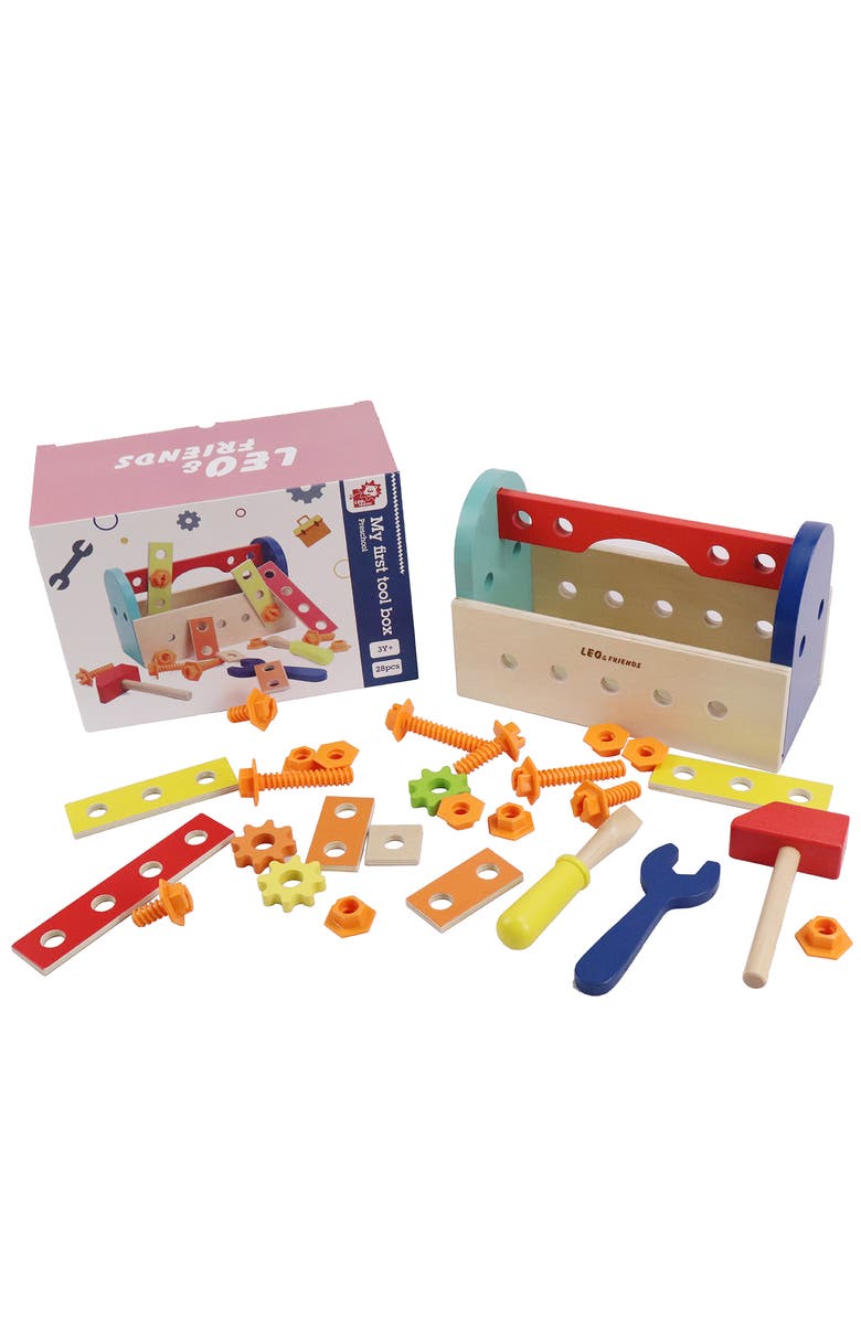 Leo & Friends My First Tool Box Kit of 28 Wooden Pieces, Made for 3-Year-Olds and Older, Main, color, Beige