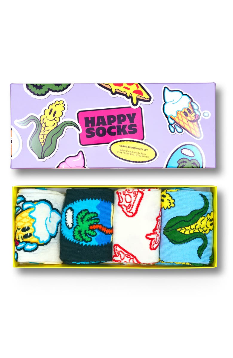 Happy Socks Corny Summer Assorted 4-Pack Crew Socks Socks Gift Box, Alternate, color, Light Purple