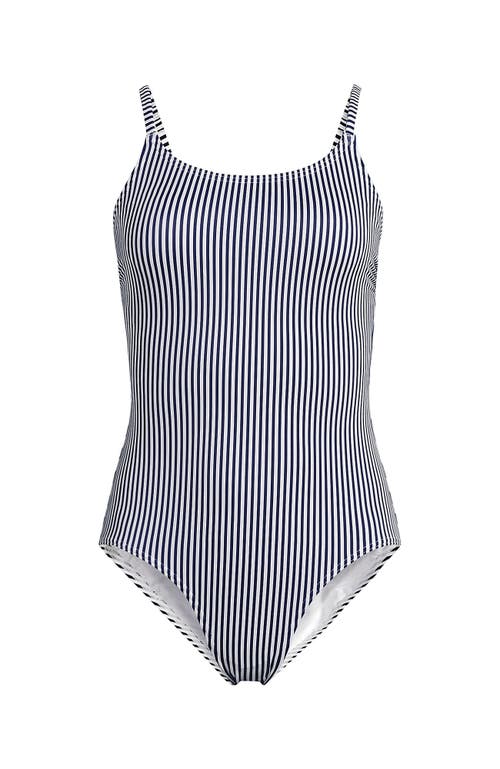 Lands' End Chlorine Resistant Scoop Neck High Leg Tugless Tank Thin Strap One Piece Swimsuit Adjusta In Deep Sea Navy Mini Stripe