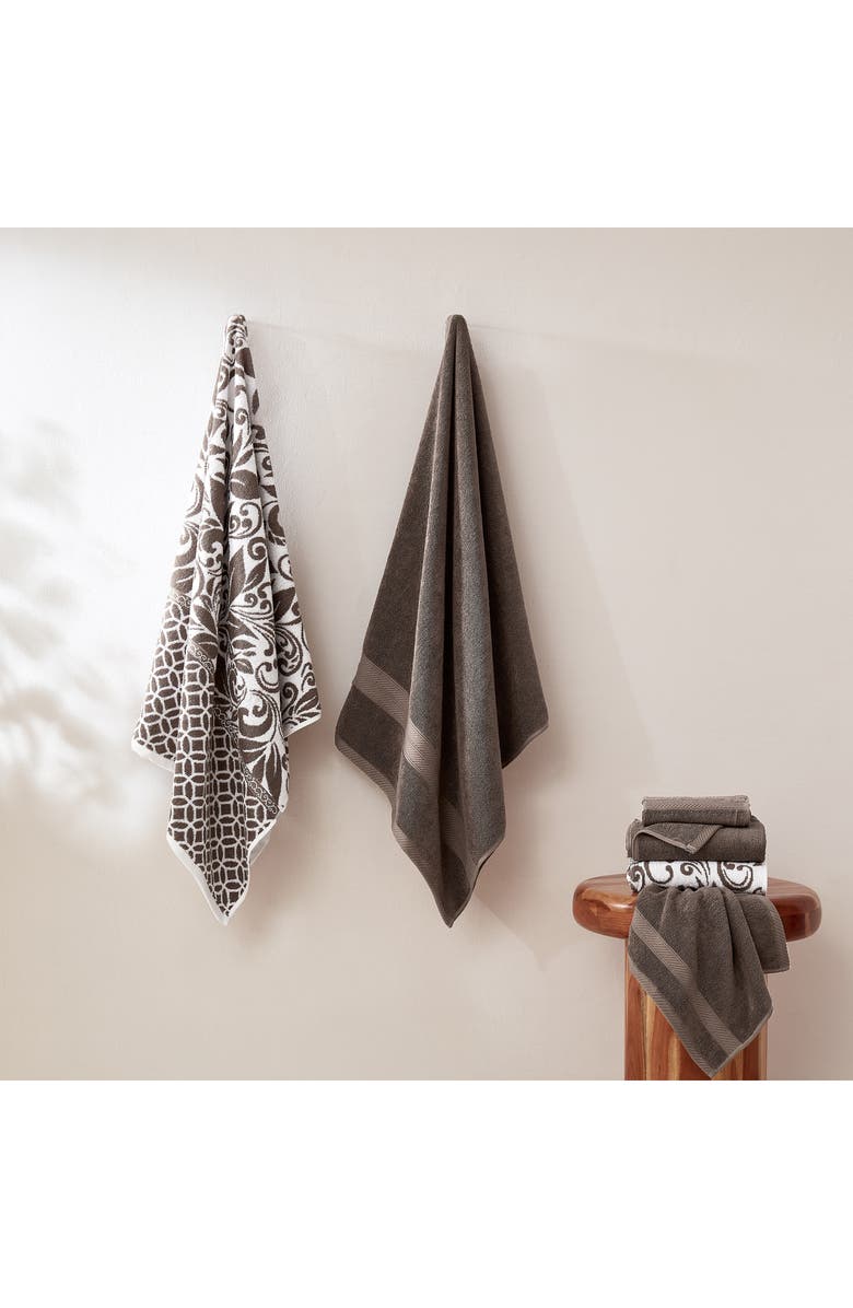 Modern Threads Trefoil Filigree Reversible Yarn-Dyed Jacquard 6-Piece Towel Set, Alternate, color, Mocha