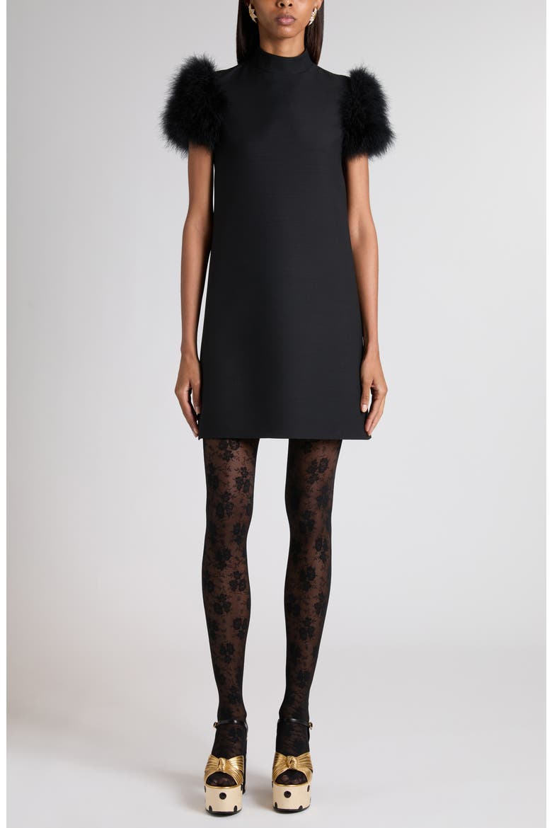 Feather Trim Crepe Couture Shift Dress, Main, color, BLACK