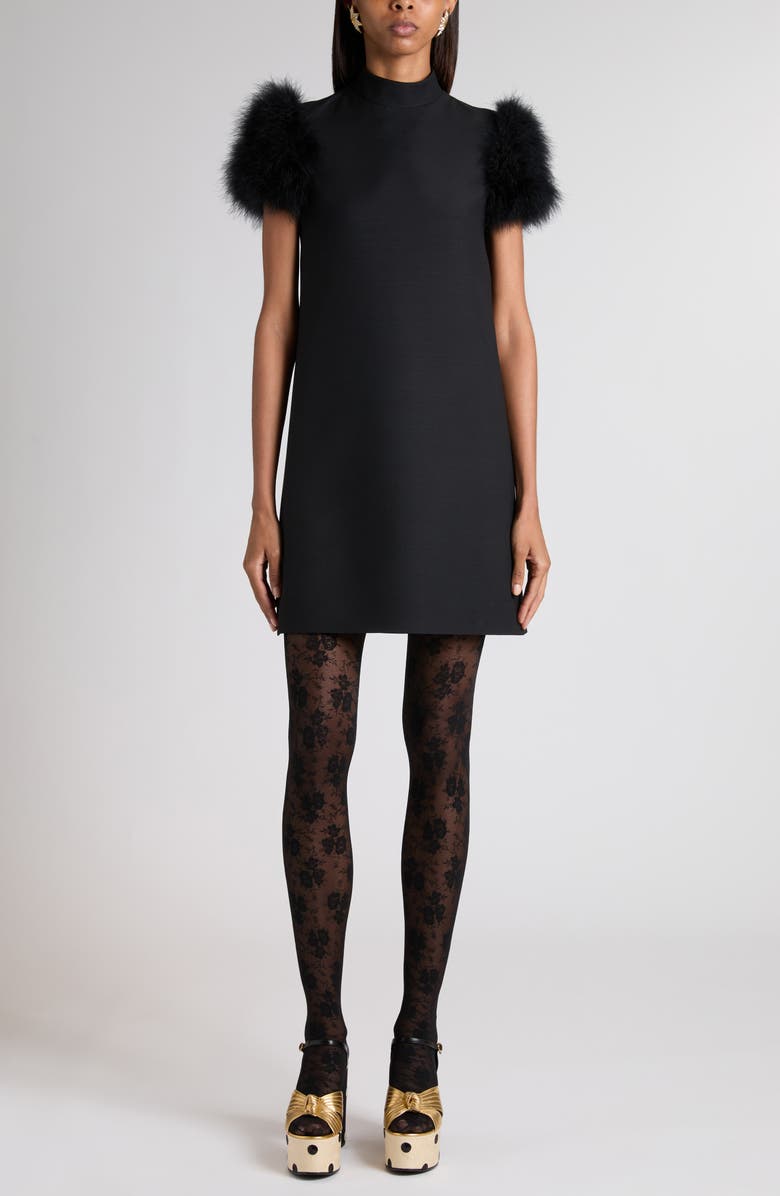 Valentino Feather Trim Crepe Couture Shift Dress, Main, color, Black