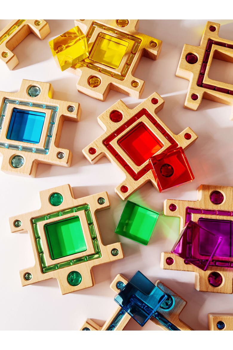 Busy Large Interlocking Wooden Building Blocks with Acrylic Inlays - 16 Pieces, Alternate, color, Multicolor