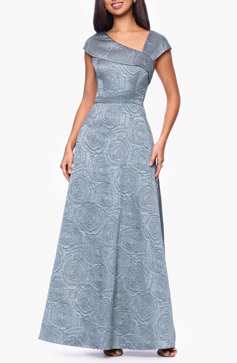 Xscape Evenings Floral Brocade Asymmetric Neck Gown, Main, color, 