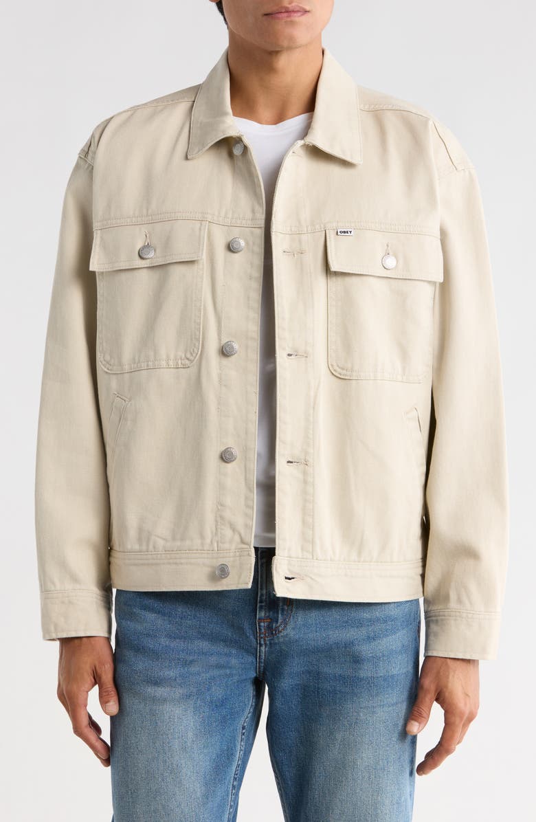 Obey Opena Regular Fit Denim Trucker Jacket, Main, color, Silver Grey Faded Wash