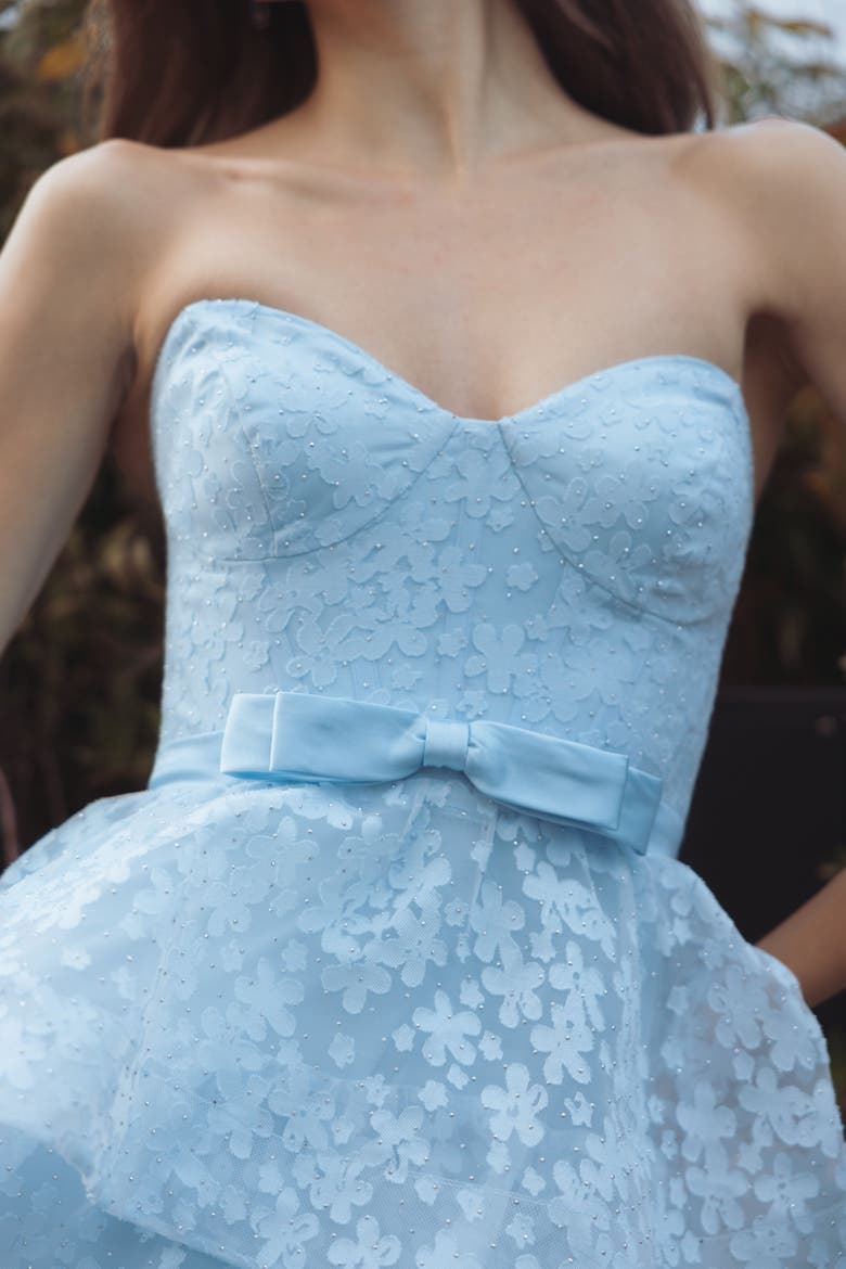 Strapless Floral Organza Tiered Gown with Bow, Alternate, color, Powder Blue
