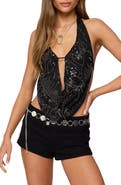 EDIKTED Beaded Cowl Neck Open Back Halter Top