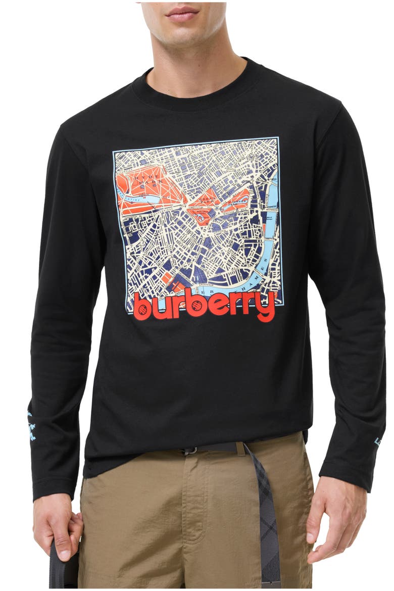 Long-sleeve London Map Cotton T-shirt, Main, color, Black
