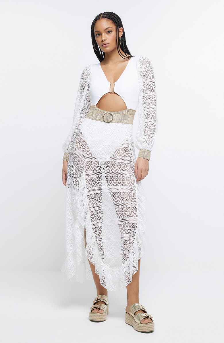 River Island Lace Long Sleeve Cutout One-Piece Swimsuit, Alternate, color, White