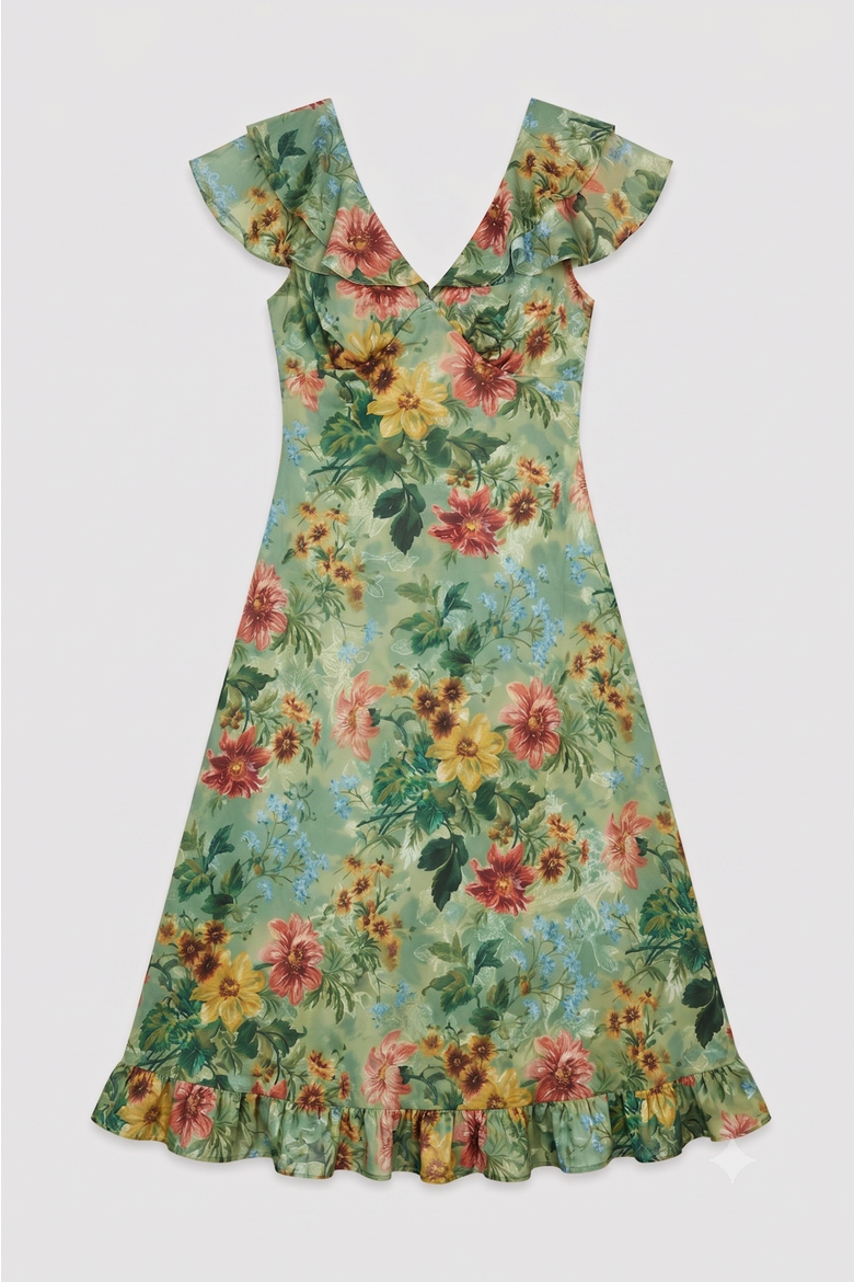 Floral Satin Burnout Ruffle Midi Dress, Alternate, color, Sage