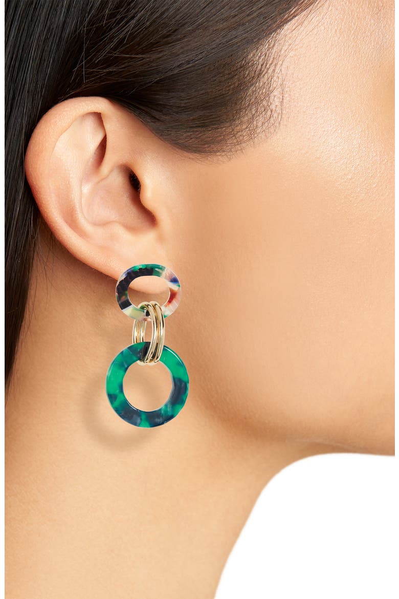 Resin Double Drop Earrings, Alternate, color, GREEN- MULTI - GOLD